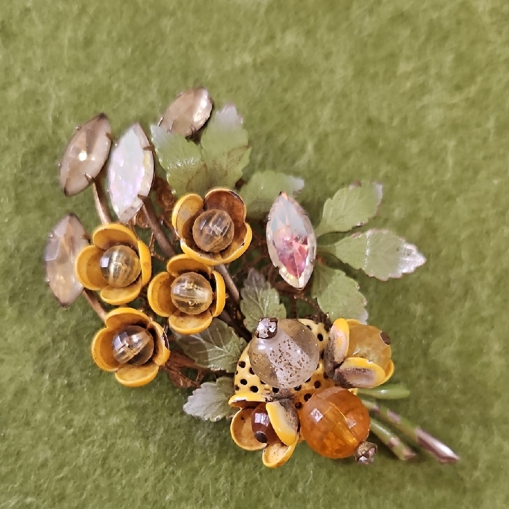 Floral Yellow and Green Metallic Brooch 1940's